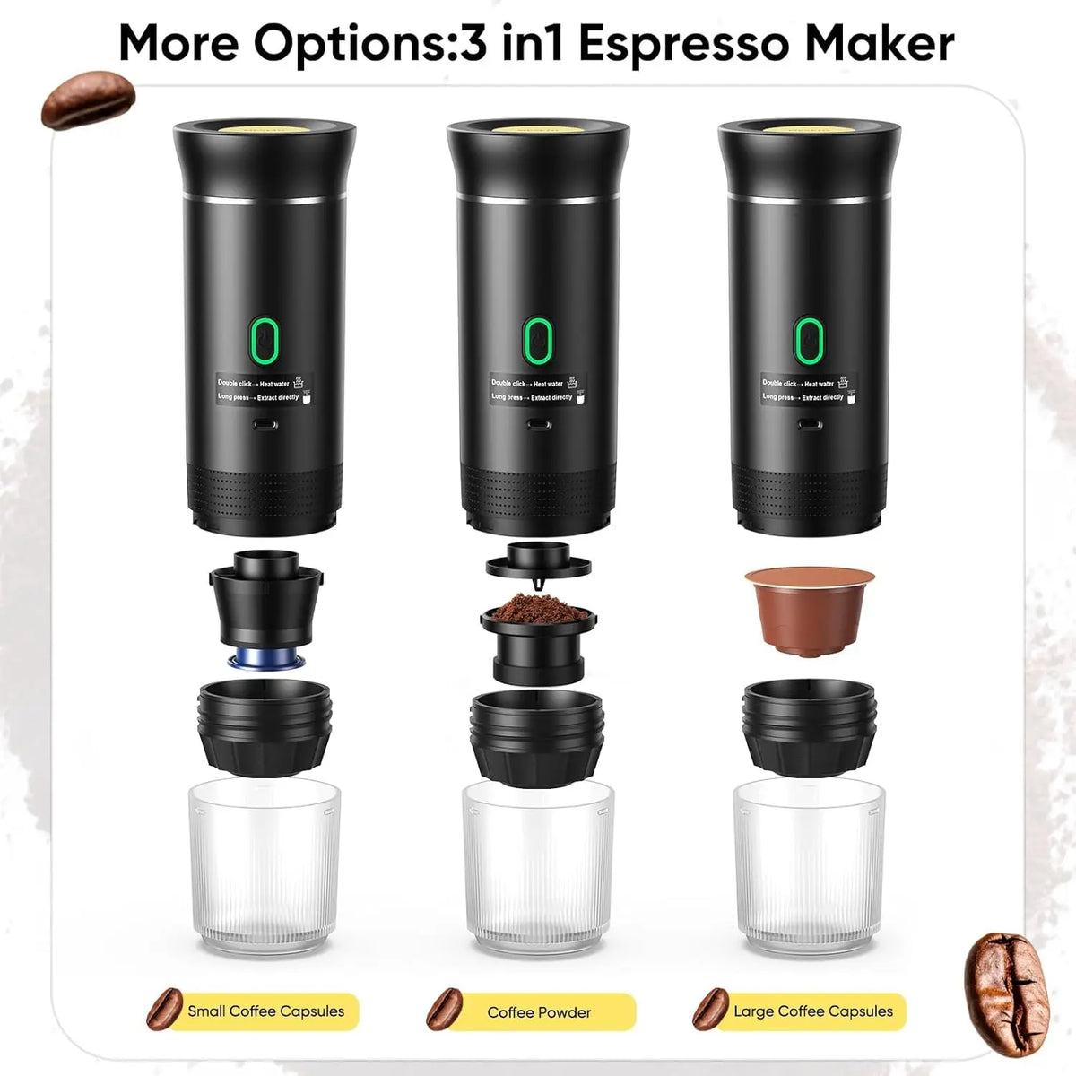Machine Espresso Portable Électrique USB 15-18 Bar (3-en-1)