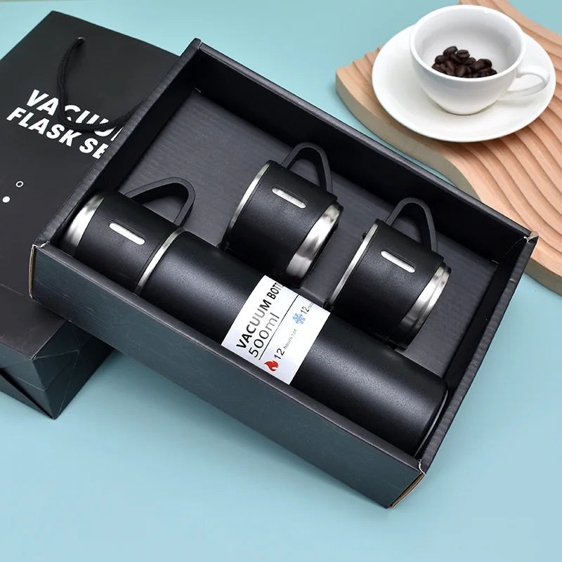 Coffret Cadeau Thermos Isotherme & 2 Tasses Assorties 500ml