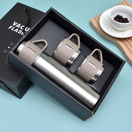 Coffret Cadeau Thermos Isotherme & 2 Tasses Assorties 500ml