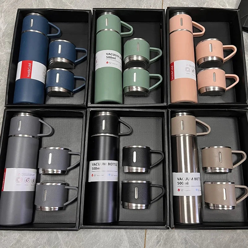 Coffret Cadeau Thermos Isotherme & 2 Tasses Assorties 500ml